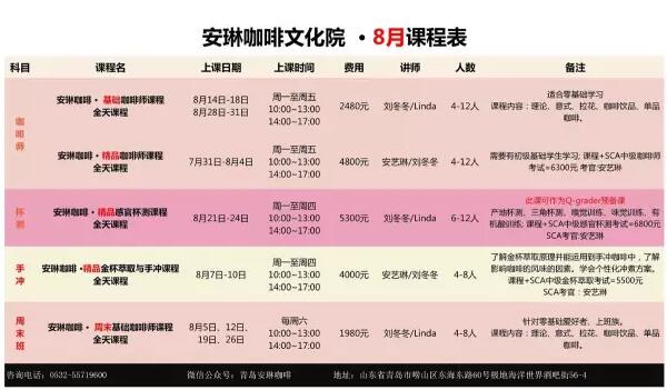 【课表】安琳咖啡培训机构8月课程表