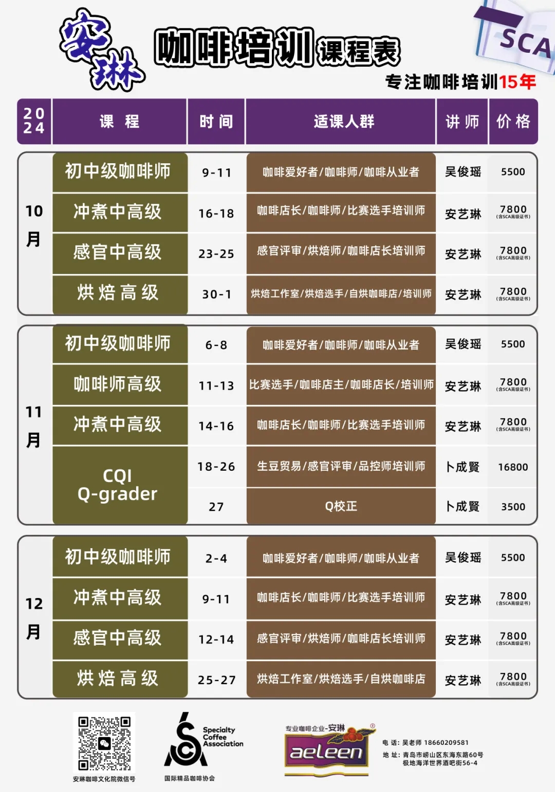 SCA咖啡培训课程表